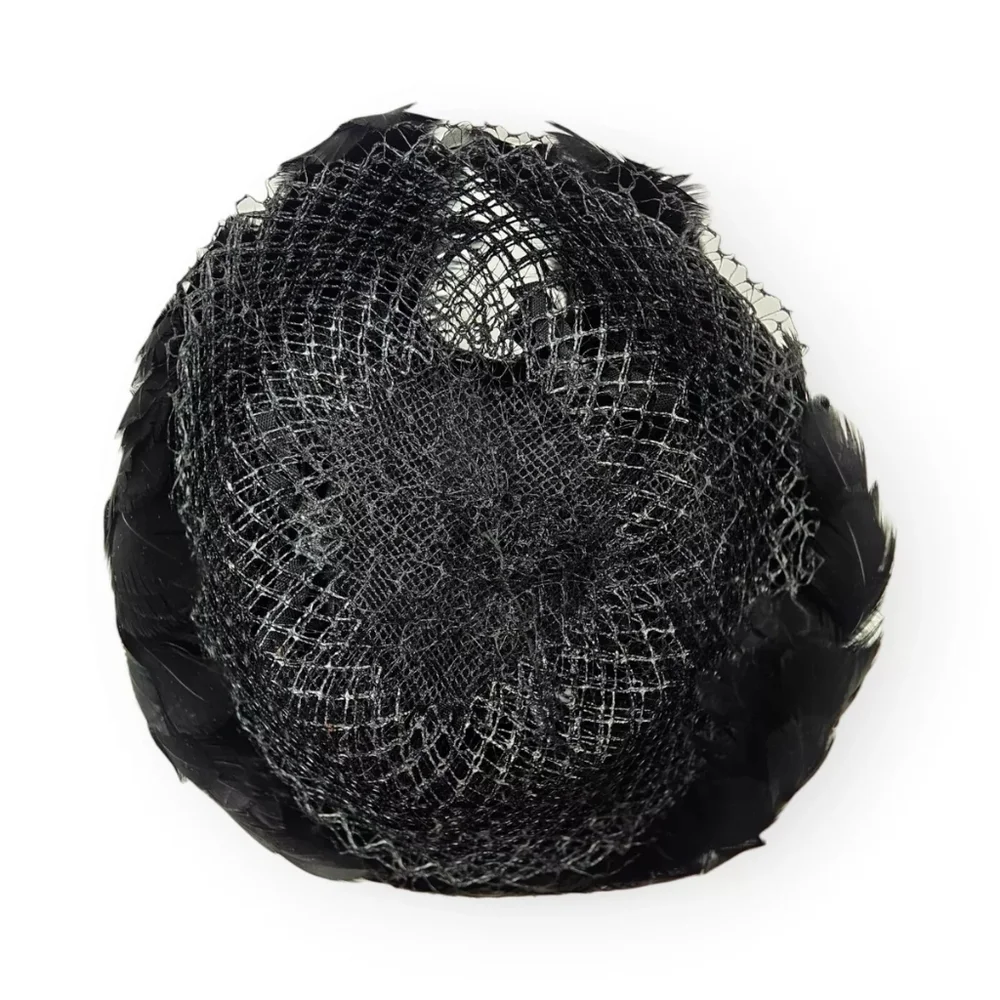 Vintage Feather Circle Cap Hat Black Whimsy Wig-Toque Netting Mid Century 50s - Picture 6 of 11